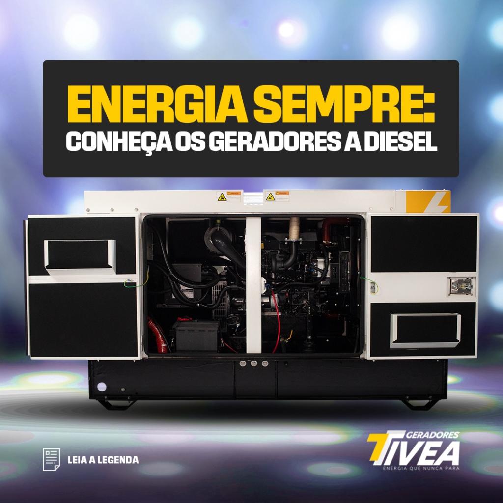 Diferentes tipos de geradores a diesel oferecidos pela Tivea Geradores de Energia.